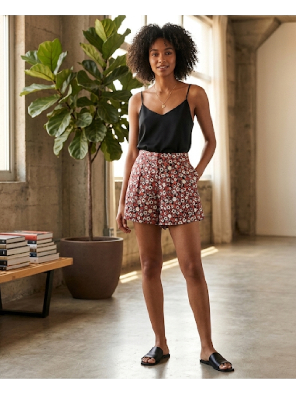ZARA High Waisted Floral Mini Shorts Daisy Print Pleated Front Wide Legs Size S